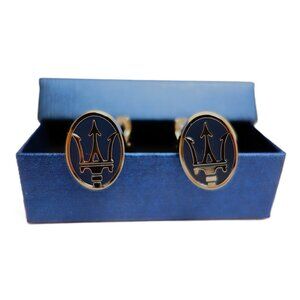 Brand New Chromed & Enameled Maserati Emblem Cufflinks with Case, Silver